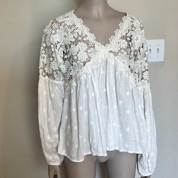 Free People Lina Lace Balloon Sleeve White embroidered lace Peasant Blouse Small - Picture 4 of 12